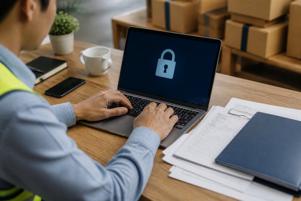 Close-up of a freight operations team member typing on a laptop with a padlock icon visible on screen, freight documents and a coffee cup on the desk beside them, warm office lighting