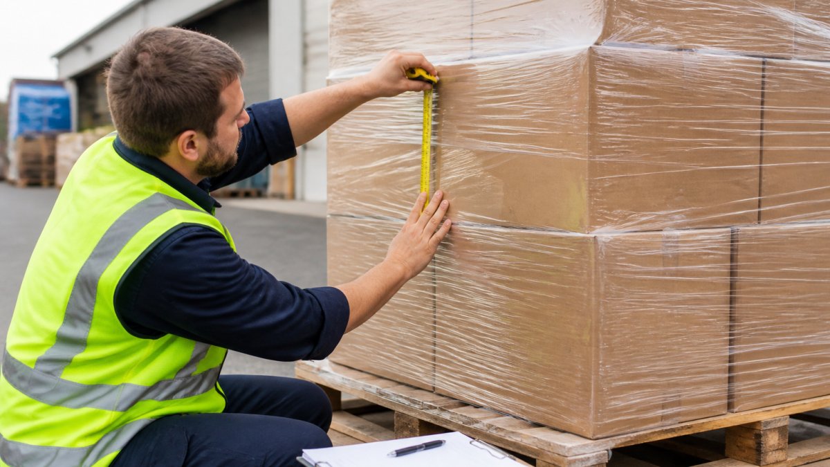 A warehouse worker in high-visibility clothing measuring and labelling a stacked pallet of cartons with a clipboard and tape measure nearby