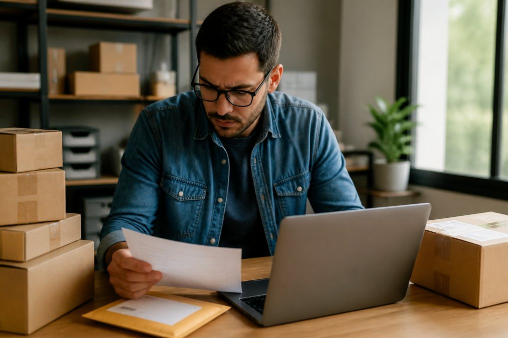 Small business owner reviewing shipping quotes on laptop at desk with shipping labels and cardboard boxes stacked nearby, natural office lighting through window