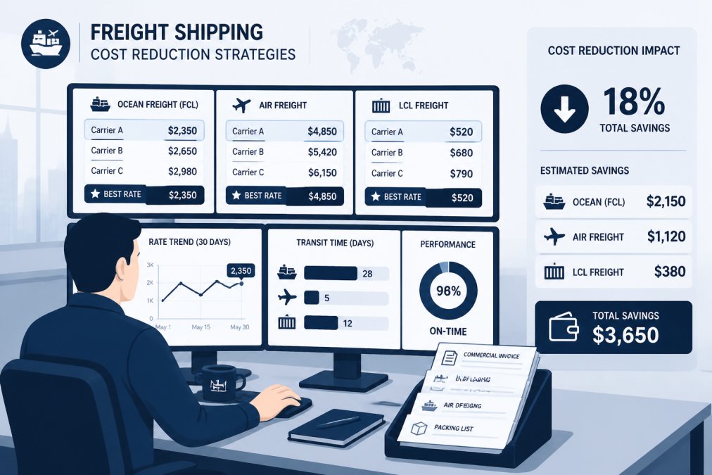 Logistics manager comparing freight rates and shipping documents on multiple computer screens in modern office with professional lighting