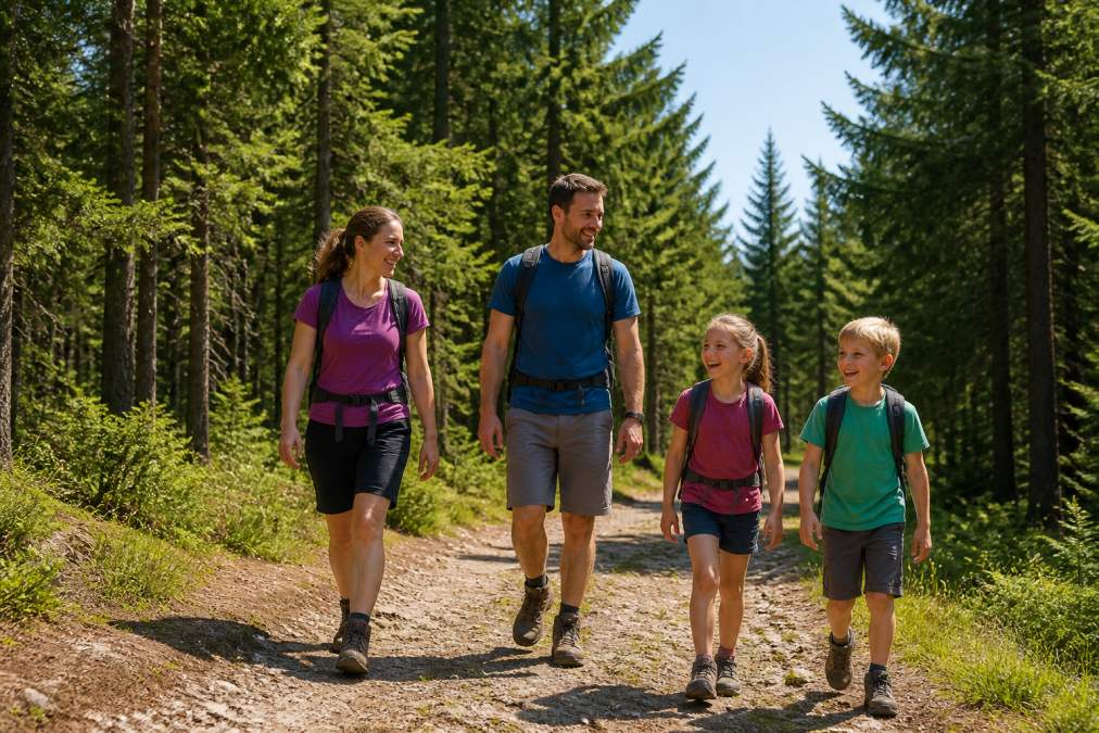 Eine Familie mit zwei Kindern wandert auf einem gut markierten Waldweg im Waldviertel, sonniges Wetter, Rucksäcke, lachende Gesichter, dichte Nadelbäume im Hintergrund