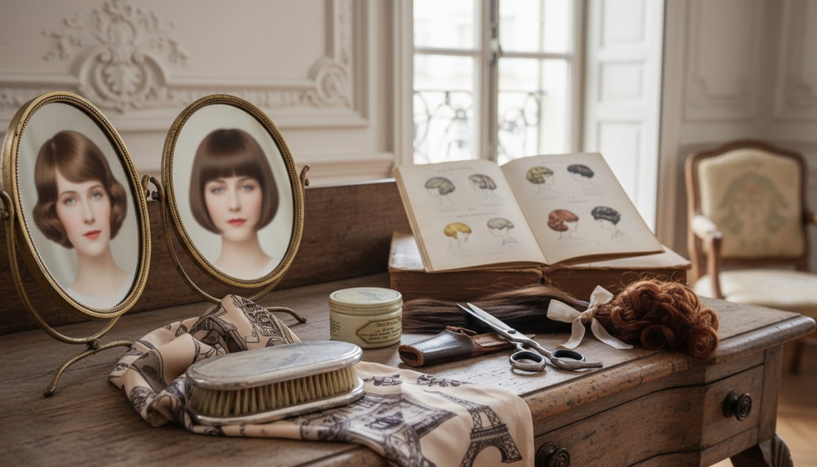 Primo piano di una donna con capelli castani lucidi tagliati con un blunt cut preciso alla mascella, look chic e parigino con luce naturale morbida su sfondo neutro chiaro