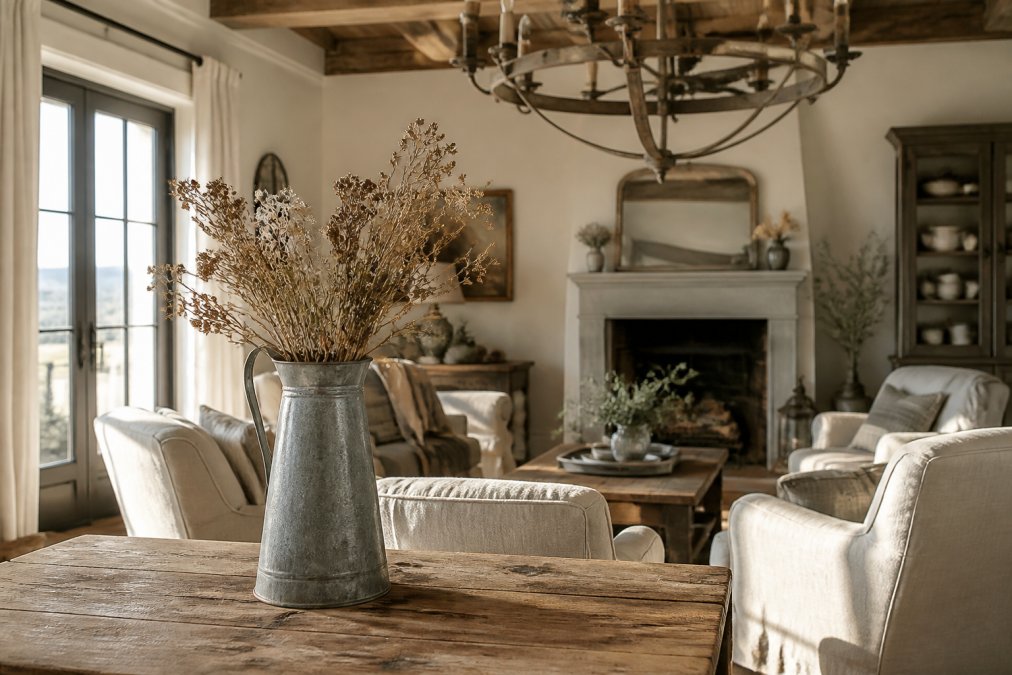 Infographic illustrating key design elements comparing french country vs farmhouse living room decor.