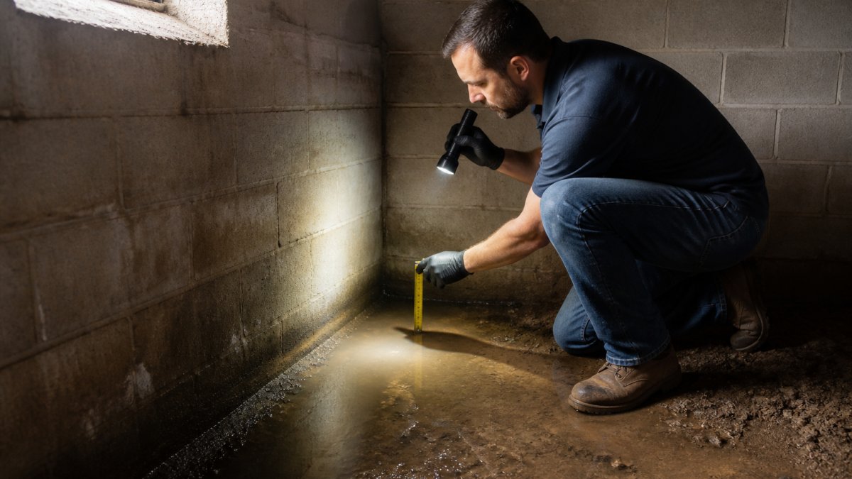 Professional contractor kneeling in wet basement corner, inspecting standing water and soil conditions with flashlight and measuring tape, morning light through small window