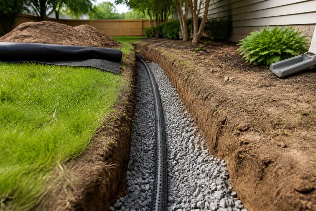 A homeowner and a landscape professional standing beside a freshly dug drainage trench in a residential backyard, pointing at the gravel-filled trench with a perforated pipe visible, green lawn and native plants in the background