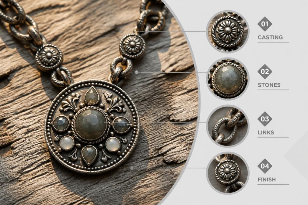 Close-up of a vintage French Kande medallion necklace resting on a weathered wooden surface in warm afternoon light, showing detailed metal casting, embedded semi-precious stones, and hand-finished chain links
