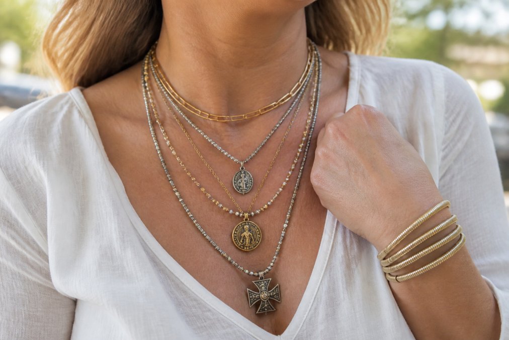 Close-up of woman's neckline wearing multiple layered necklaces of varying lengths with mixed gold and silver metals, vintage medallions, and delicate chains in effortless boho-chic styling with natural daylight