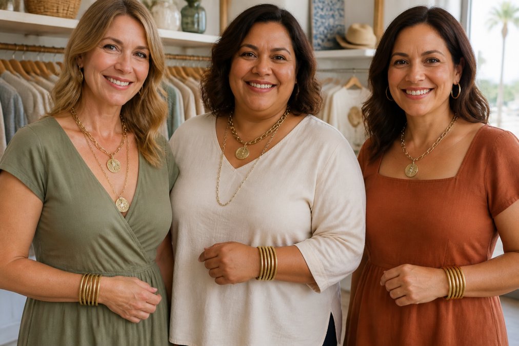 Diverse women wearing different neckline styles, V-neck, round neck, and square neck, each paired with appropriately styled French Kande jewelry, statement medallions, and layered chains in mixed metals