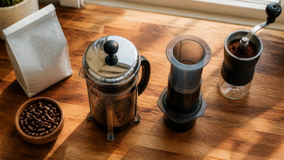Overhead shot of a French press and an AeroPress side by side on a warm wooden kitchen counter, with a bag of whole bean coffee and a burr grinder nearby, soft morning light through a window
