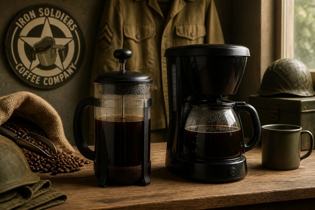 A vintage-styled kitchen counter with a glass French press full of dark coffee beside a classic drip coffee maker, a burlap sack of whole beans, and a metal mug, lit by warm morning light with WWII-era military memorabilia subtly in the background