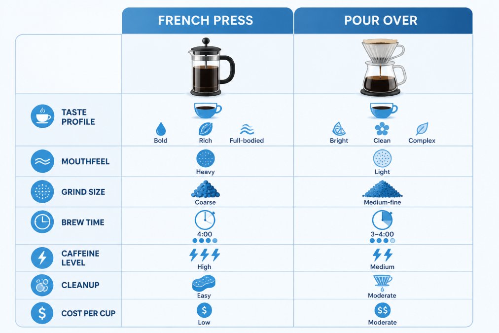 Comparison chart for french press vs pour over detailing taste, brew time, grind size, and cost per cup.