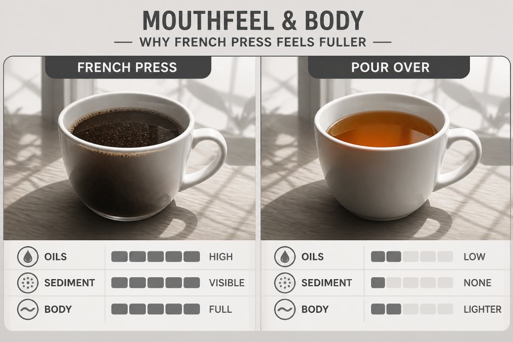 Two white ceramic coffee cups side by side on a wooden table with morning sunlight streaming through a window, one filled with dark, oil-rich French press coffee showing visible sediment, the other with bright, translucent pour over coffee, highlighting the visual difference in body and clarity