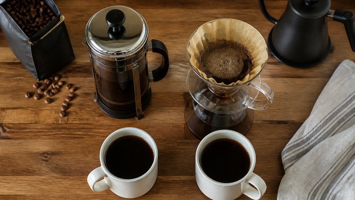 French press and pour-over dripper with mugs of dark coffee and roasted beans on a wooden kitchen counter