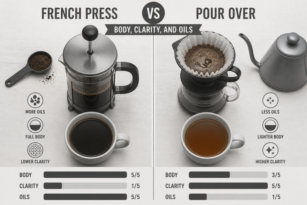 Overhead shot of a French press and a pour over dripper side by side on a wooden kitchen counter, with two mugs of coffee showing different clarity levels, one dark and opaque, one lighter and clear