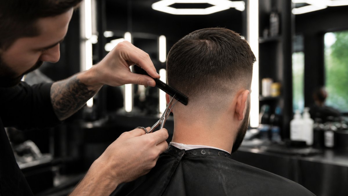 Barbier professionnel réalisant un dégradé précis pour définir la fréquence idéale pour aller chez le barbier