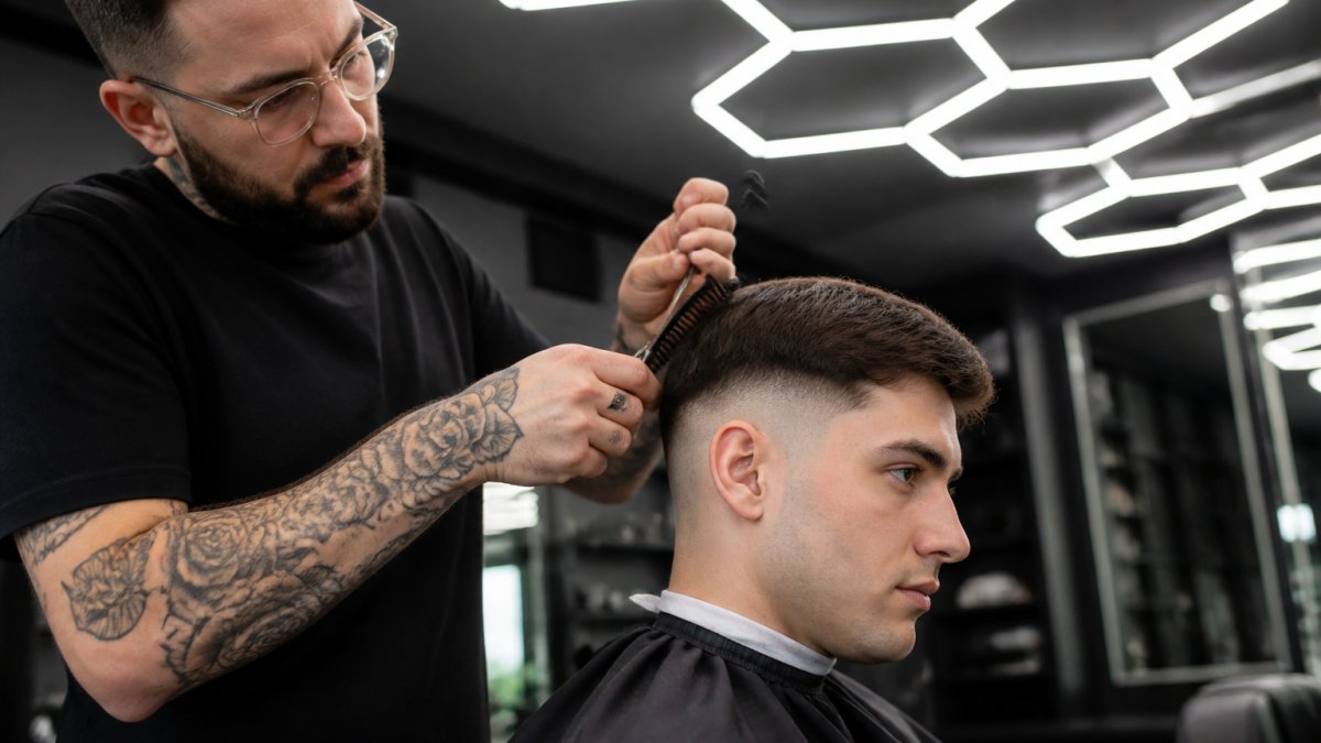 Gros plan d'un barbier utilisant des ciseaux et une tondeuse pour réaliser un dégradé précis sur un client, dans un salon moderne avec un éclairage hexagonal distinctif