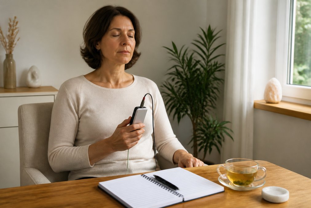 An adult sits relaxed in a quiet, well-lit treatment room, holding a small frequency therapy device; next to them, on a wooden table, are a notebook with a pain log and a cup of herbal tea
