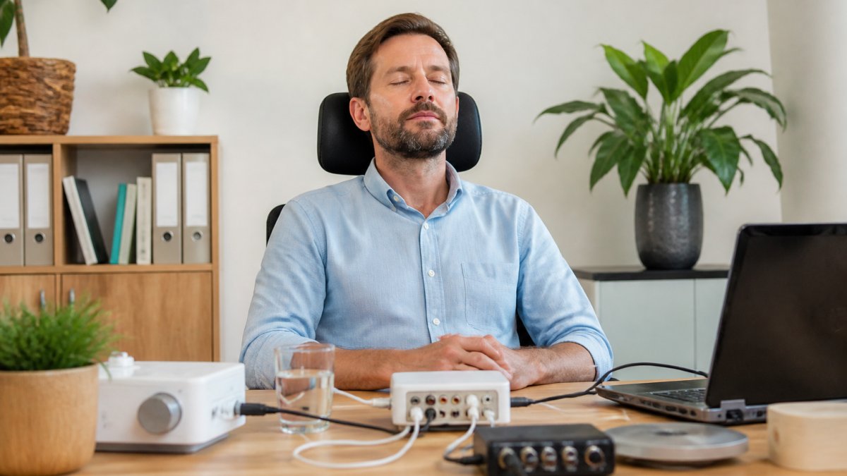 A working professional sits at a desk and takes a short break to relax—calm posture, eyes closed, relaxed facial expression, modern office setting in the background