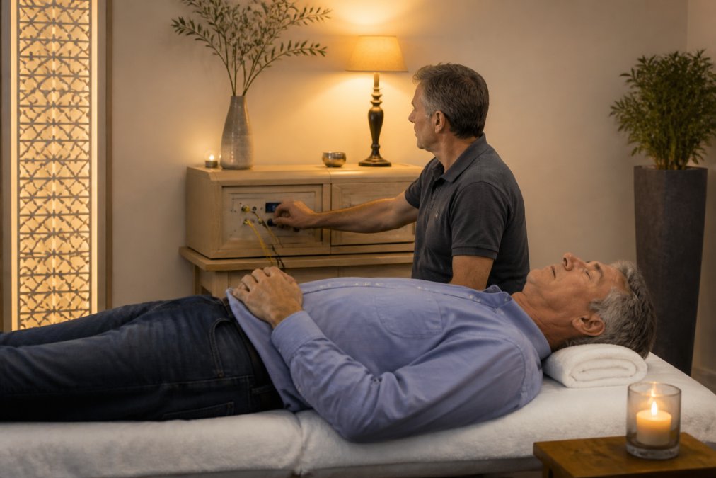 A quiet therapy office with a patient on a treatment table; the therapist is operating a modern frequency therapy device; warm, soothing lighting; a medical setting