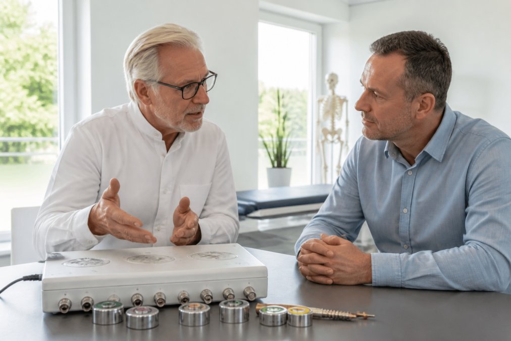 Arzt in moderner Praxis erklärt einem Patienten ein Frequenztherapie-Gerät, ruhige professionelle Atmosphäre, natürliches Licht durch große Fenster, beide sitzen an einem Behandlungstisch