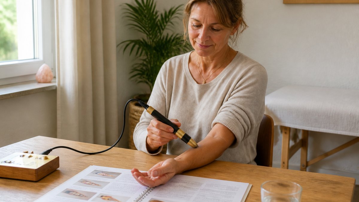 An adult is sitting relaxed in a brightly lit treatment room, holding a small handheld frequency therapy device against their forearm; next to them, an open instruction booklet lies on a wooden table