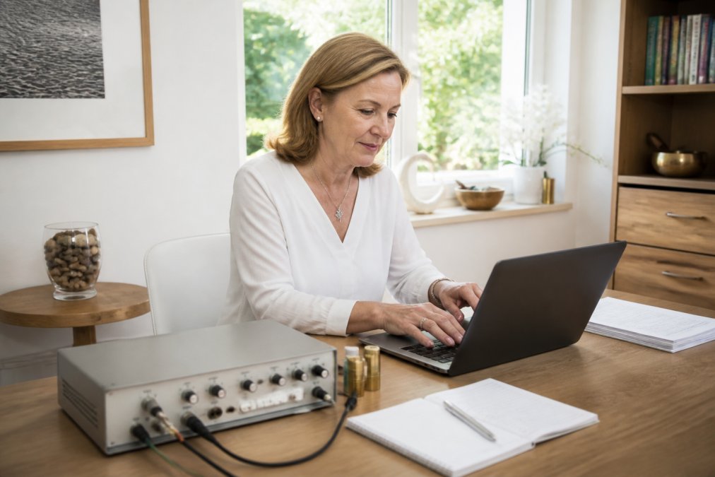 A naturopath sits at a tidy treatment table and operates radionics software on a laptop; next to her are notes and a frequency device, and warm daylight fills the room