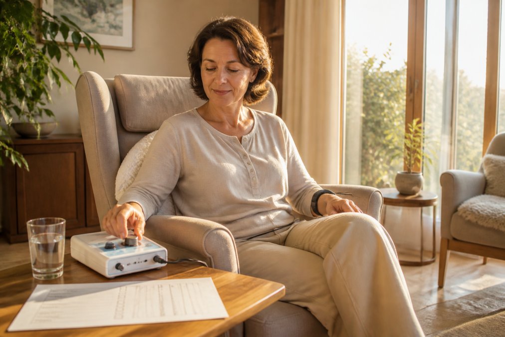 An adult sits relaxed in an armchair in a quiet living room, operating a small frequency therapy device on a side table, next to which are a printed checklist and a glass of water, with warm afternoon light streaming in through the windows
