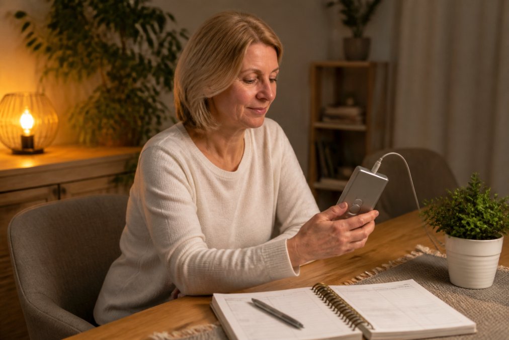 Eine erwachsene Person sitzt entspannt in einem ruhigen, warm beleuchteten Raum und hält ein kleines Frequenztherapie-Gerät in der Hand, daneben liegt ein Schlaftagebuch auf dem Tisch