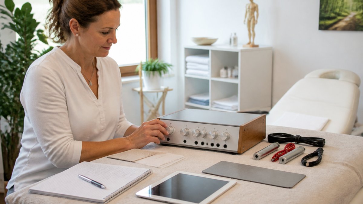 A naturopath in a quiet, well-lit office sits at a treatment table and checks the user interface of a frequency therapy device; next to her are some notes and a tablet displaying the treatment log.