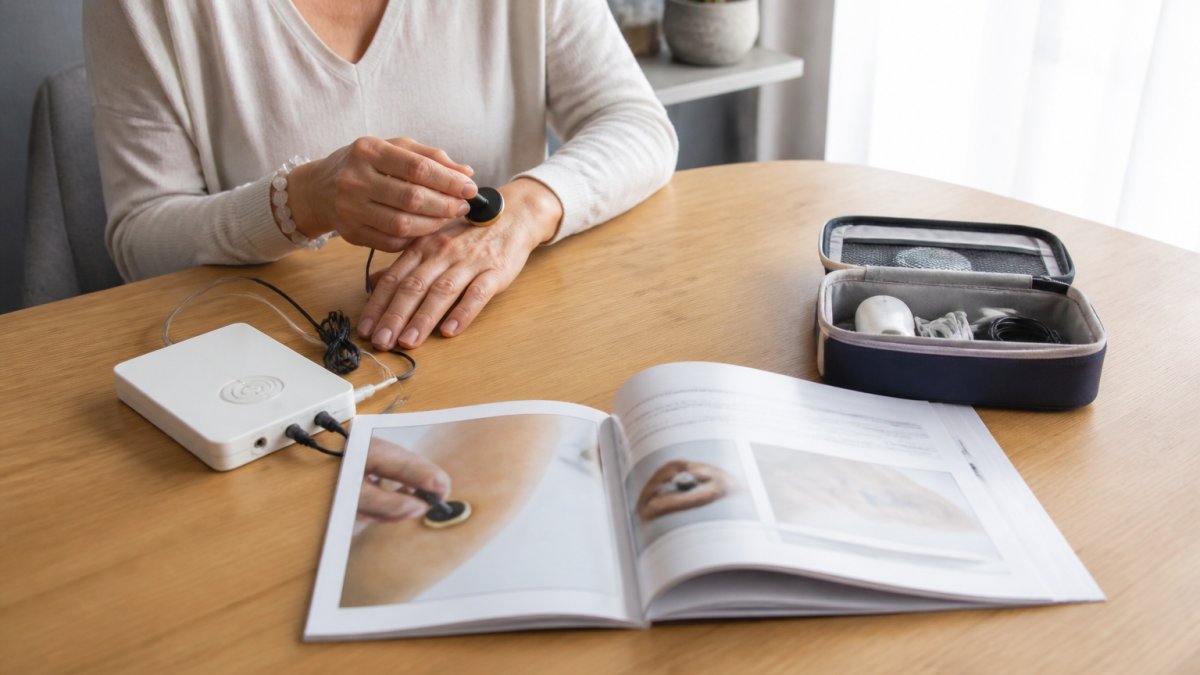 Un adulto está sentado ante una tranquila mesa de madera y maneja un pequeño aparato de terapia de frecuencias al que tiene acoplado un electrodo de medición; junto a él, abiertos en abanico, se encuentran el manual de instrucciones y los accesorios, con una suave luz natural que incide desde un lado.