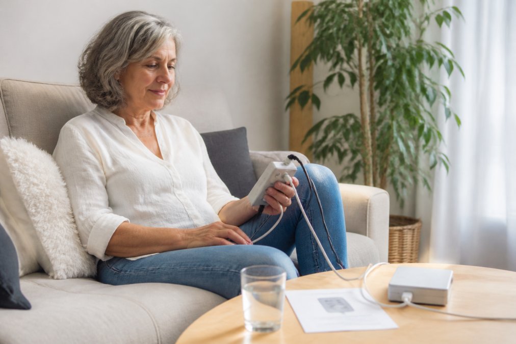 Eine erwachsene Person sitzt entspannt in einem hellen Wohnzimmer und hält ein kleines Frequenztherapie-Gerät in der Hand, daneben liegt eine kurze Anleitung auf dem Tisch
