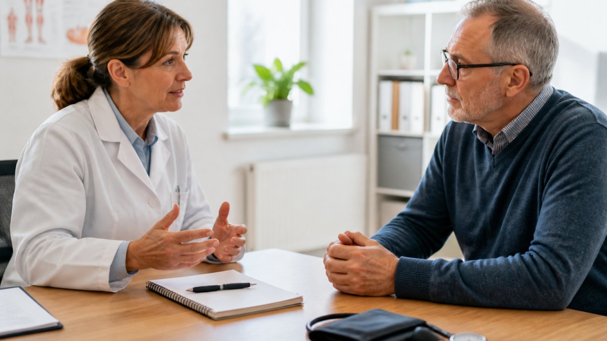 A doctor talking with an adult patient in a well-lit office; both are sitting at a table with a notepad and a blood pressure monitor on it