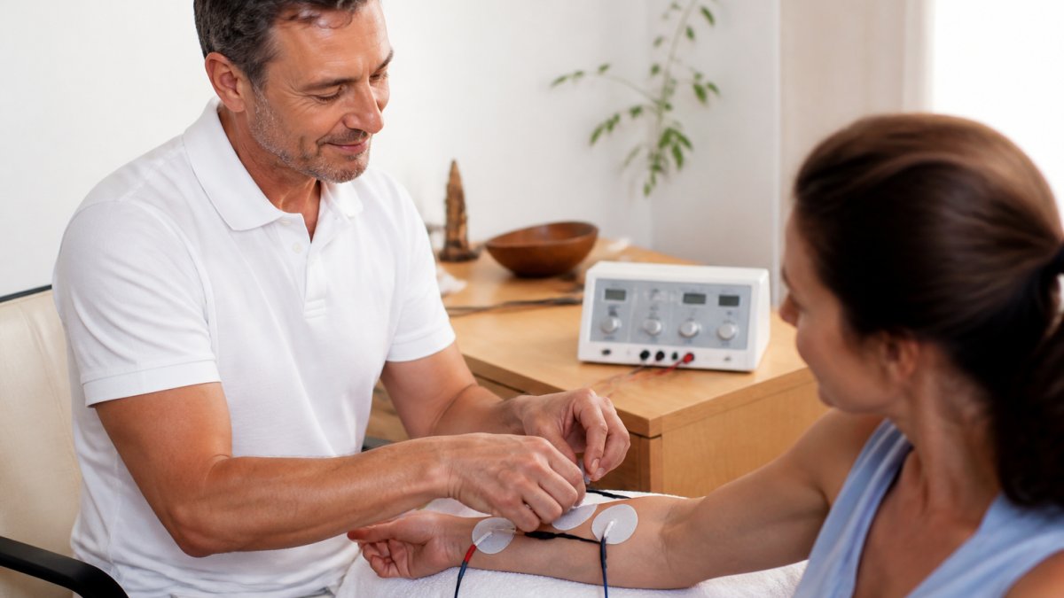 A practitioner in a quiet treatment room placing electrode pads on a client's forearm while explaining the device settings on a small screen nearby