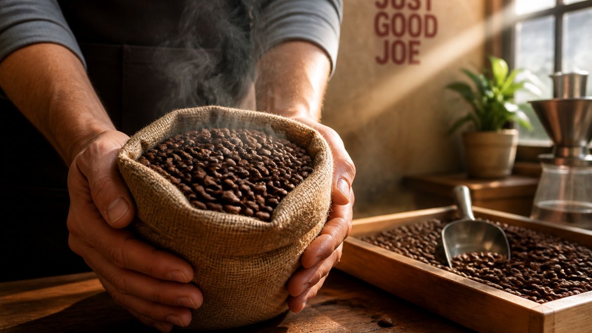 Hands holding freshly roasted whole coffee beans in a burlap bag with a visible roast date label visible on the front, steam rising from the beans as they cool on a wooden counter with natural sunlight streaming in