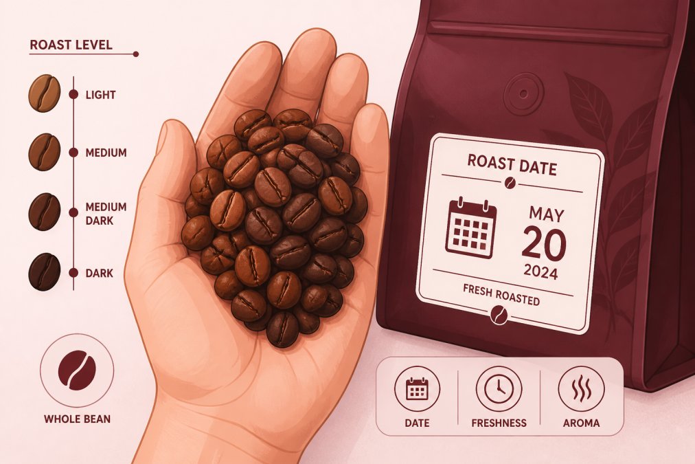 Close-up of whole coffee beans in a hand showing rich brown color variation and texture, with a roast date label visible on the side of a coffee bag