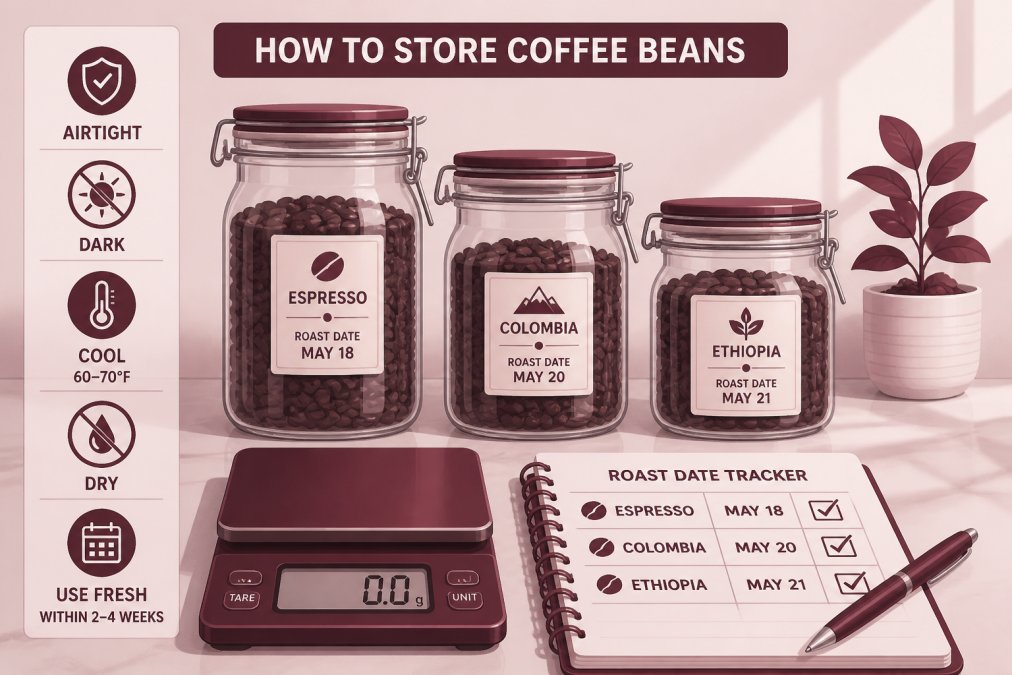 Organized coffee storage setup on a clean countertop showing airtight glass containers with labels, a small kitchen scale, and a roast date tracker notebook with natural afternoon light
