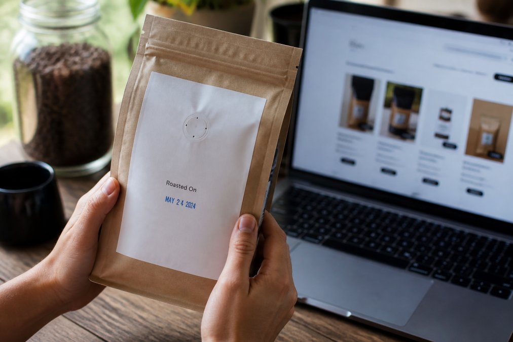 Hands holding a coffee bag displaying a clear roast date label, with a laptop screen showing an online coffee ordering page in soft natural light