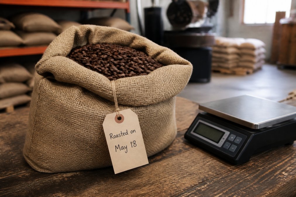 A burlap sack of coffee beans with a handwritten roasting date tag, sitting on a wooden counter beside a digital scale showing weight