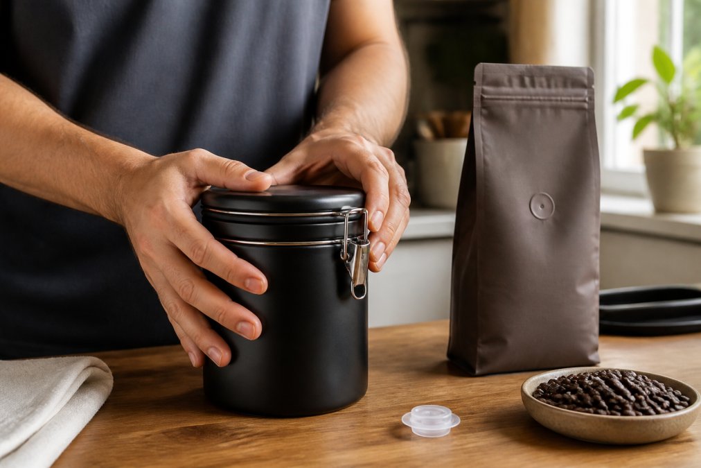 Person sealing an opaque canister to store fresh coffee beans on a bright kitchen counter