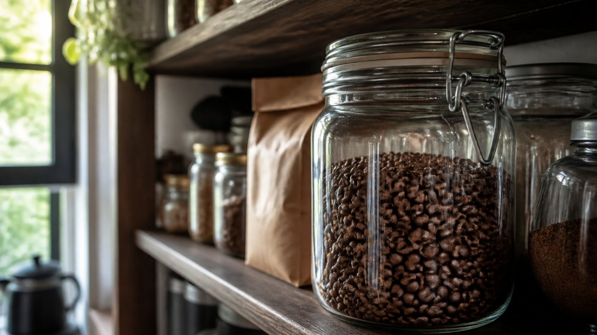 Whole coffee beans stored in a sealed glass jar with a date label on a dark wooden pantry shelf