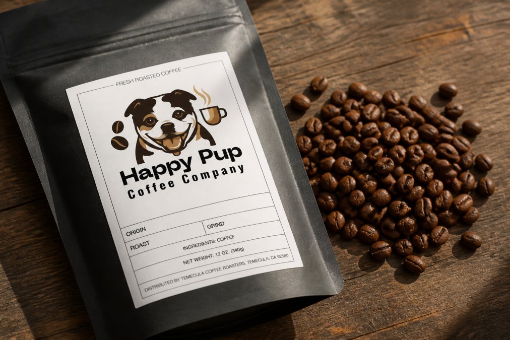 Close-up of a kraft coffee bag laid flat on a worn wooden table, showing a printed roast date stamp in black ink, with a small pile of whole arabica beans spilled beside it in warm morning light
