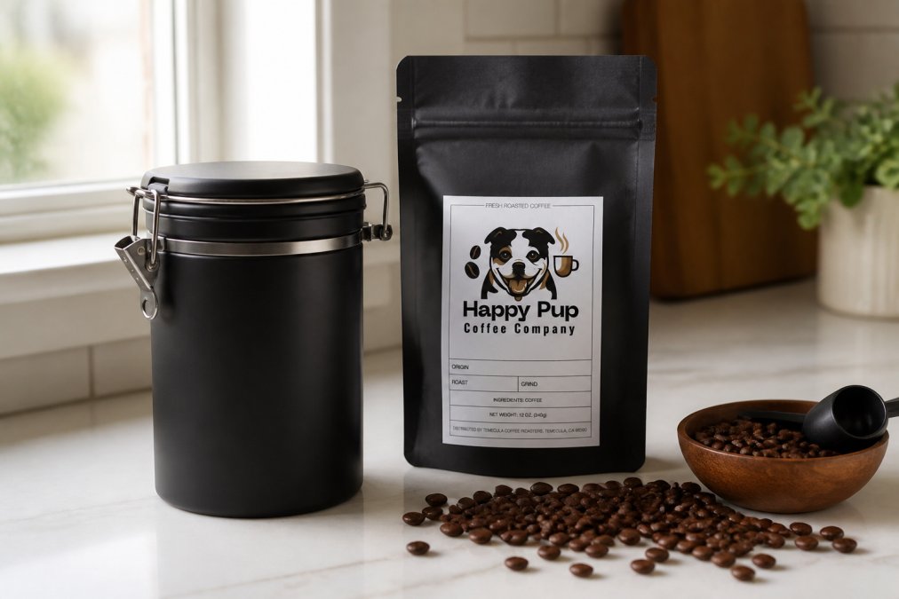 A sealed matte black ceramic canister with an airtight locking lid sitting on a clean kitchen counter, next to an open bag of whole bean coffee, soft natural light filtering through a nearby window
