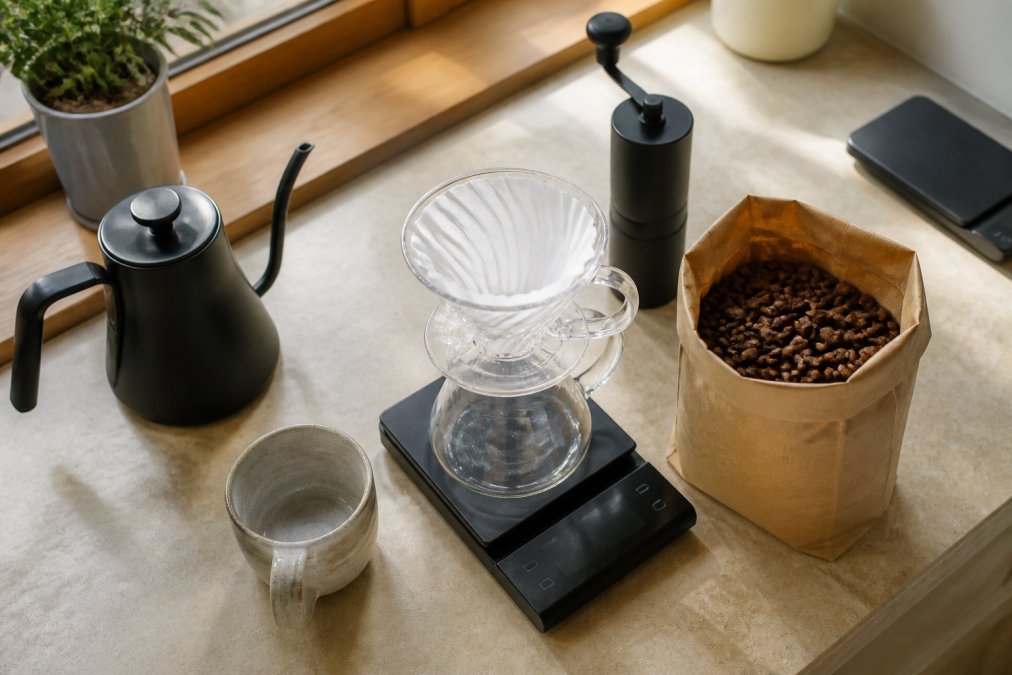 Overhead shot of a home kitchen counter with a pour-over setup, a bag of whole bean coffee, and a digital scale, morning light through a window