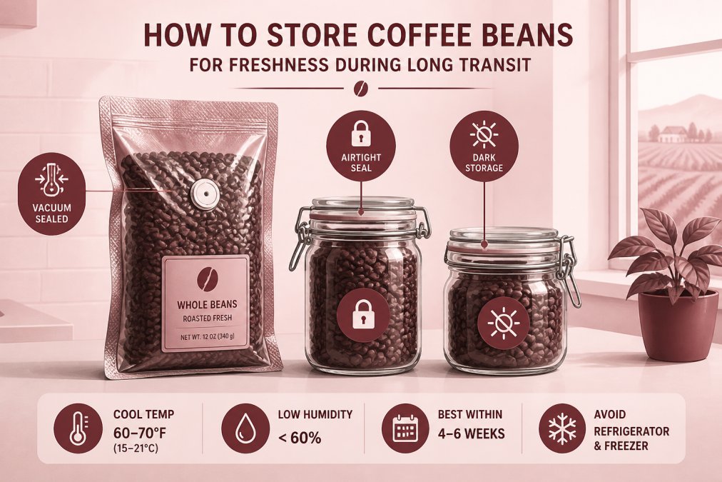 Close-up of vacuum-sealed coffee bags and airtight glass containers with fresh whole coffee beans on a kitchen counter, showing proper storage setup with natural lighting from a window