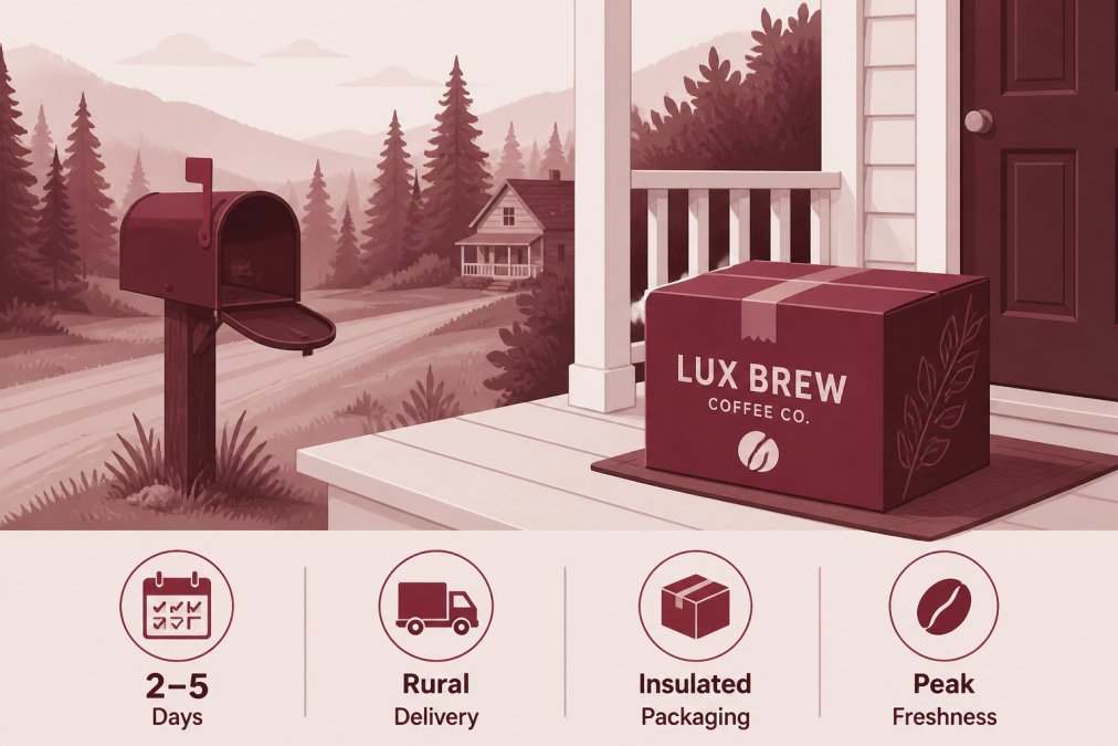 Rural mailbox with a fresh coffee subscription box being delivered on a porch in a remote area surrounded by trees, showing typical rural delivery scenario with natural daylight