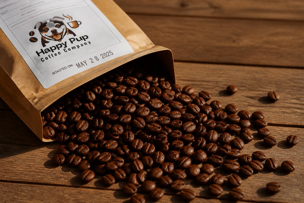 Close-up of whole coffee beans spilling from a kraft paper bag onto a wooden surface, with a visible roast date stamp on the bag label
