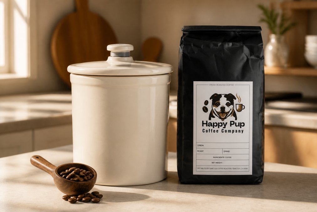 An airtight ceramic coffee canister with a one-way valve lid sitting on a kitchen counter next to a small scoop of whole bean coffee, warm morning kitchen lighting