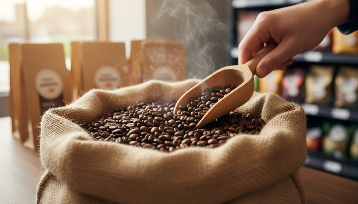 Close-up of freshly roasted whole coffee beans cascading from a stainless steel roaster scoop onto a worn wooden surface, with wisps of warm steam rising and rich amber-brown tones visible under warm kitchen lighting