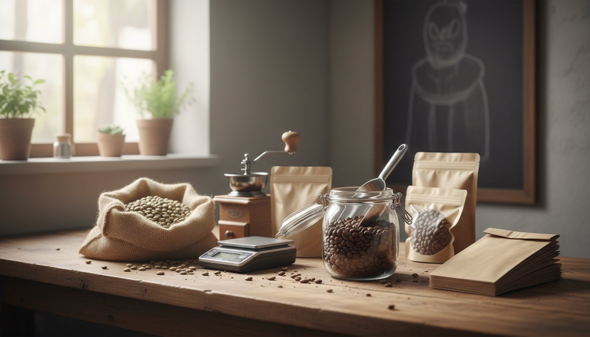 A sealed matte black coffee bag with a one-way valve and an airtight glass canister with a rubber-sealed lid sitting on a light wood kitchen counter next to a small pile of whole coffee beans, illuminated by soft morning window light