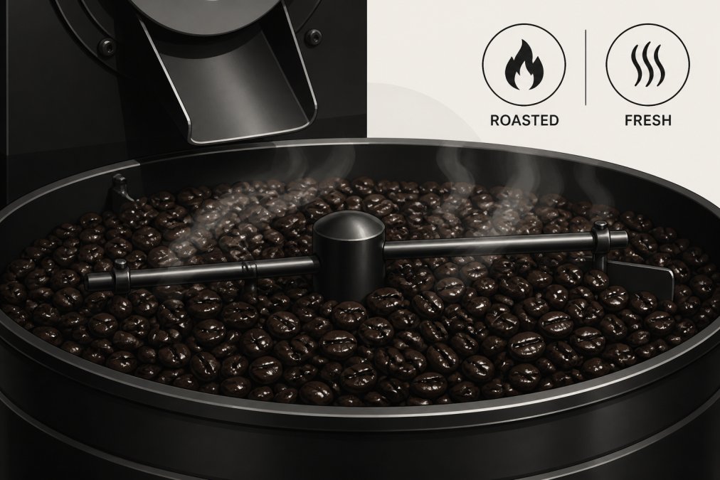 Close-up of freshly roasted coffee beans steaming and glistening with oils in a cooling tray immediately after roasting, showing rich dark chocolate brown color and glossy surface